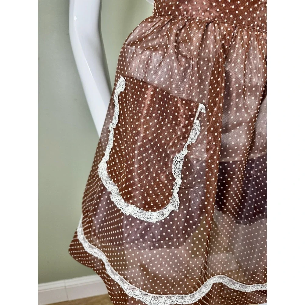 Vintage‎ 1960s 1970s Sheer Polka Dot Hostess Apron Lace Brown Cottage Core